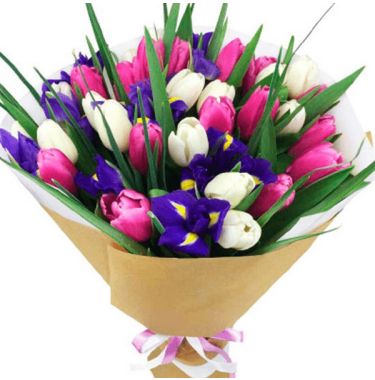 Букет з 25 рожевих та білих тюльпанів та ірисів