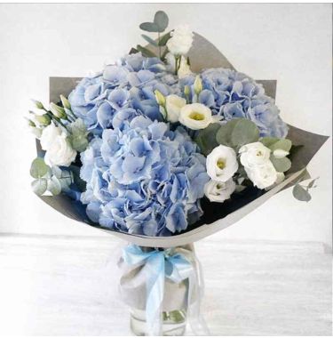 Букет 3 блакитних гортензії та еустому &quot;Літня мелодія&quot;