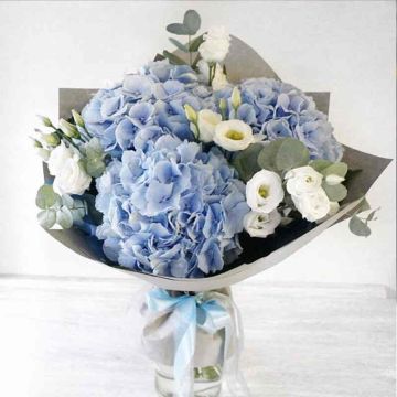 Букет 3 блакитних гортензії та еустому &quot;Літня мелодія&quot;