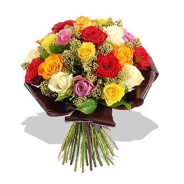 Букет з різнокольорових троянд і гіпсофіли "Яркое настроение"